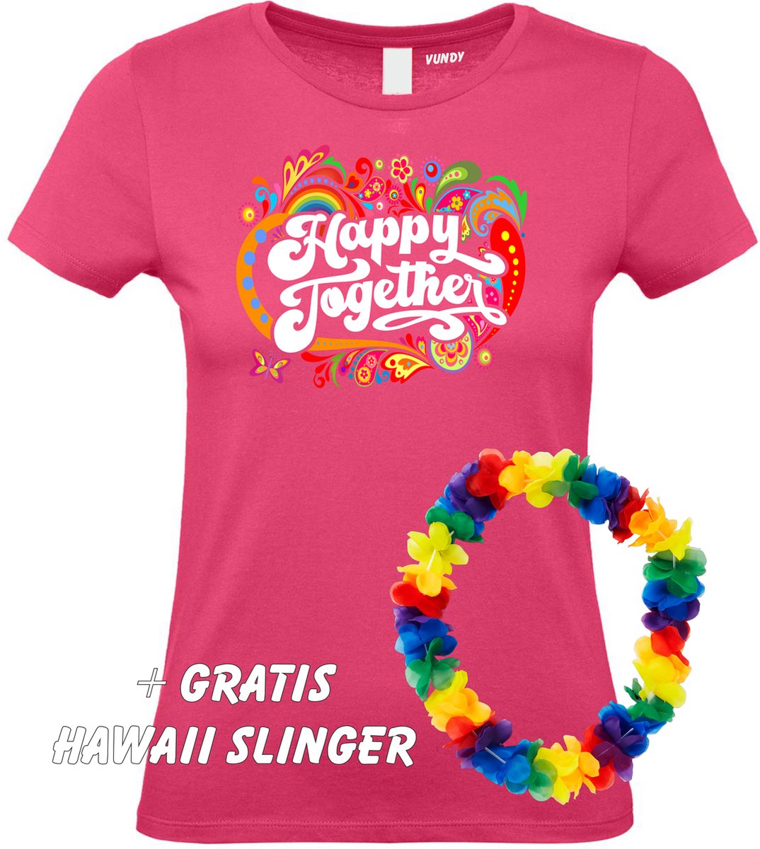 Dames t-shirt Happy Together Print | Toppers in Concert 2022 | Toppers kleding shirt | Flower Power | Hippie Jaren 60 | Fuchsia dames | maat XXL